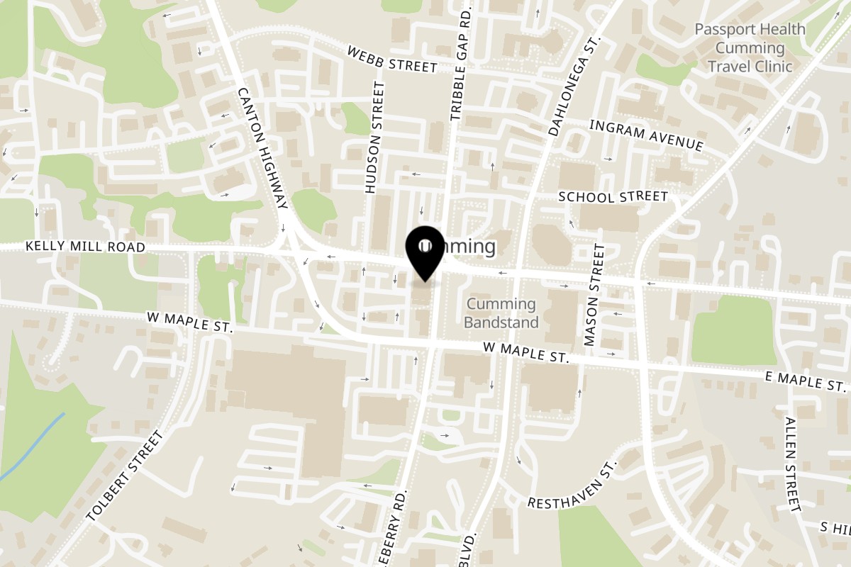 Map showing the location of Happy Family Chinese Food And Sushi Bar on 103 W Courthouse Square in Cumming